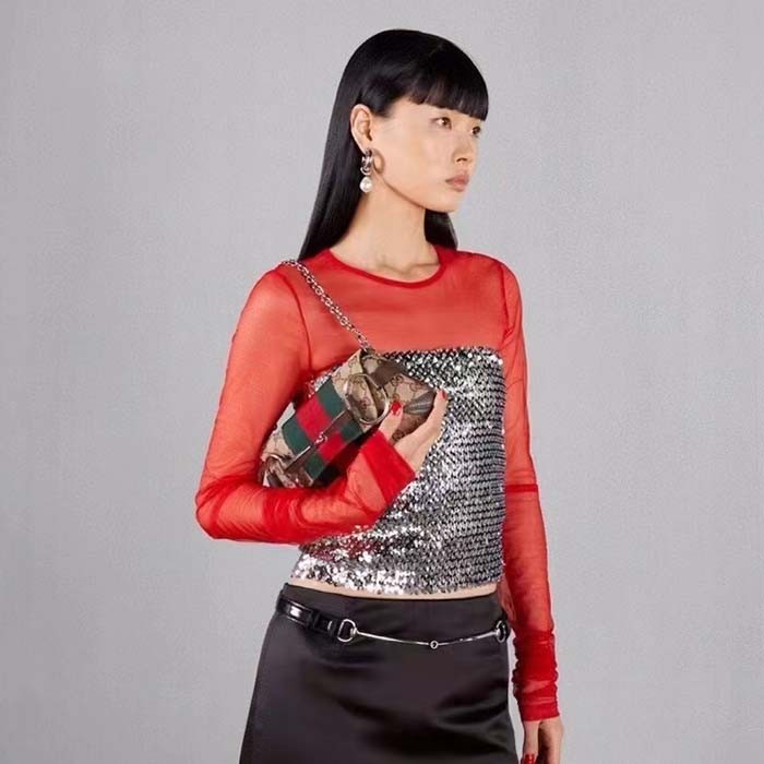 Gucci Women Horsebit Chain Small Shoulder Bag Beige Ebony Original GG Canvas