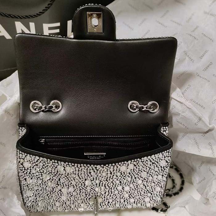 Chanel CC Women Mini Flap Bag Satin Strass Silver-Tone Metal Silver