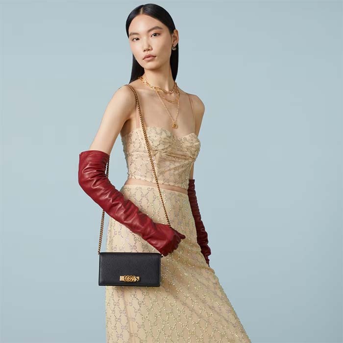 Gucci Women GG Chain Wallet Interlocking G Python Bow Black Leather