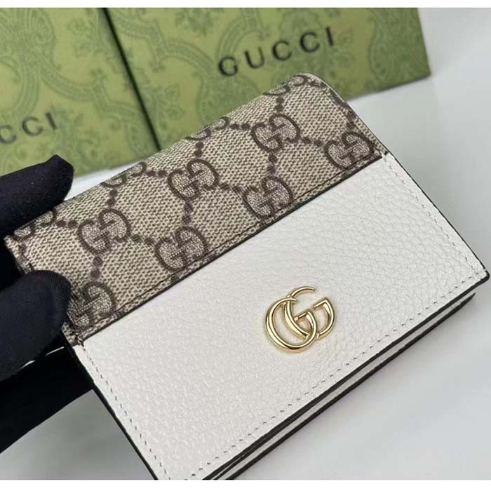 Gucci Unisex GG Marmont Card Case Wallet Double G Beige Ebony GG Supreme Canvas White Leather Style ‎658610 17WAG 9096