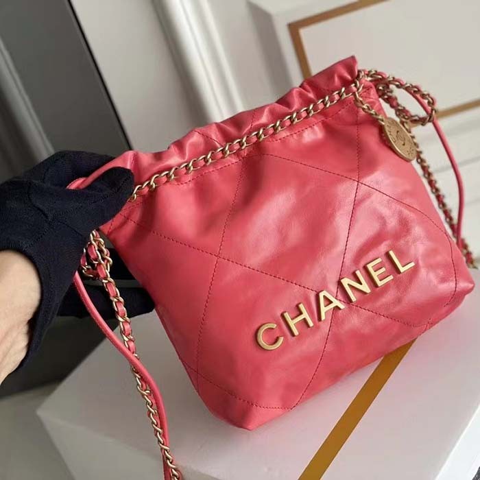 Chanel Women CC 22 Mini Handbag Shiny Calfskin Gold-Tone Metal Coral