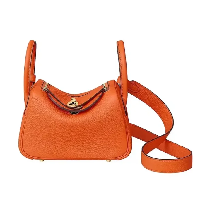 Hermes Women Lindy Mini 19 in Clemence Leather-Orange/Gold