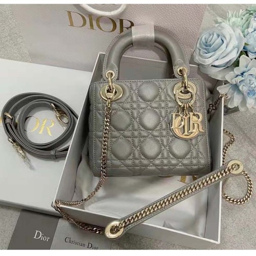 Dior Women CD Mini Lady Dior Bag Opaline Gray Pearlescent Cannage Lambskin
