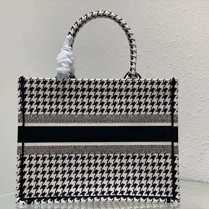 Dior Women Small Dior Book Tote Black and White Houndstooth Embroidery