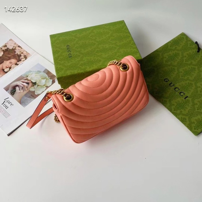 Gucci Women GG Marmont Small Shoulder Bag Peach Matelassé Round Leather