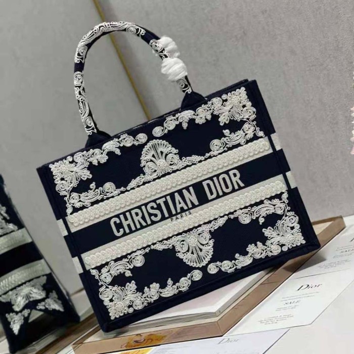 Dior Women Medium Dior Book Tote Blue Cornely-Effect Embroidered Calfskin