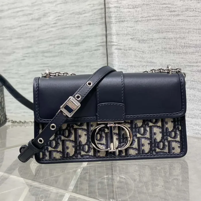 Dior Women 30 Montaigne East-West Bag with Chain Blue Dior Oblique Jacquard and Smooth Calfskin