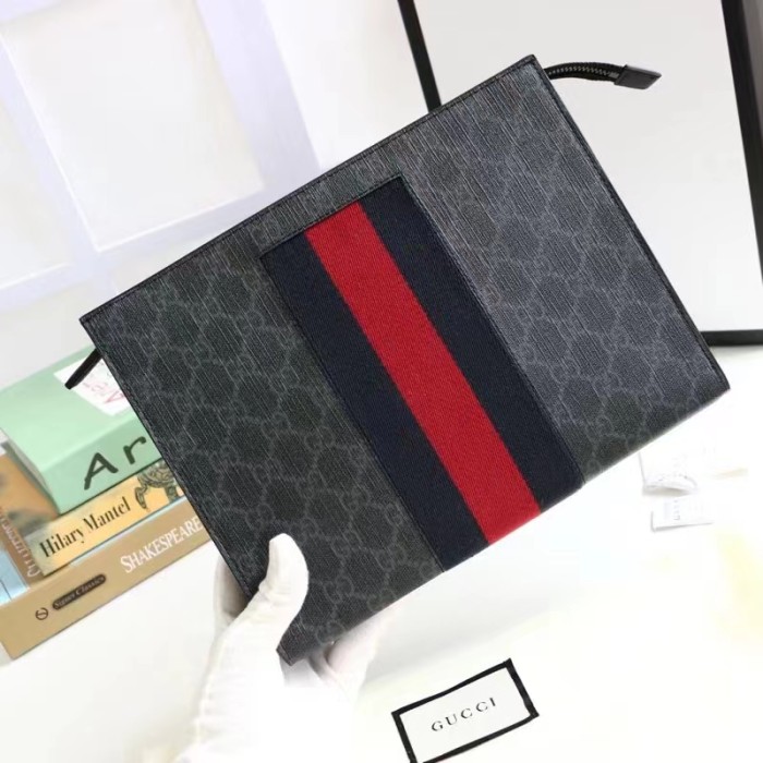 Gucci Unisex GG Black Pouch Black Grey GG Supreme Canvas Blue Red Web