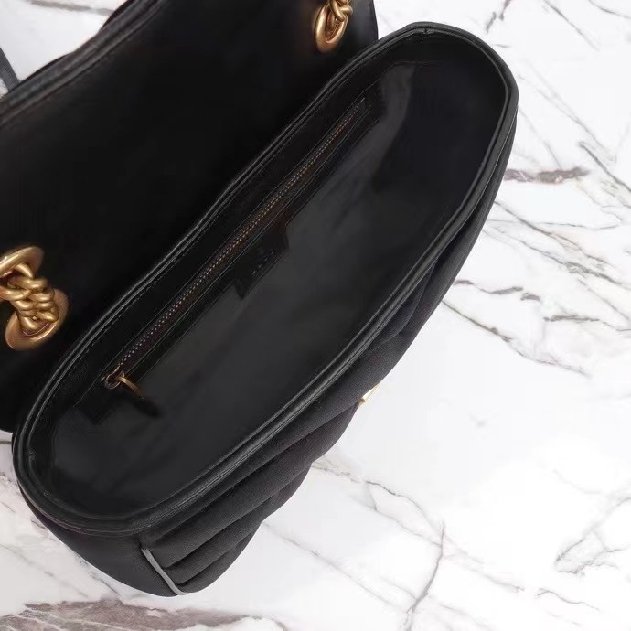 Gucci Women GG Marmont Small Shoulder Bag Black Quilted Chevron Velvet Leather Double G