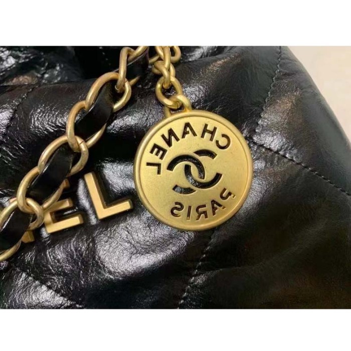 Chanel Women 22 Large Handbag Shiny Calfskin Gold-Tone Metal Black
