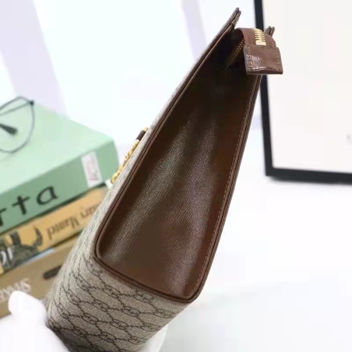 Gucci Unisex GG Horsebit 1955 Pouch Brown Beige Ebony GG Supreme Canvas