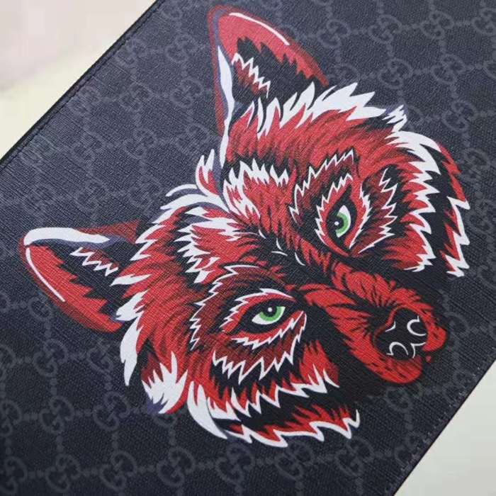 Gucci GG Men Gucci Bestiary Pouch with Wolf in Black and Grey GG Supreme Canvas