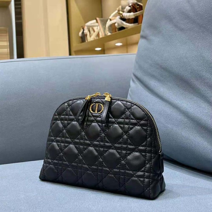 Dior Women Caro Beauty Pouch Black Cannage Lambskin