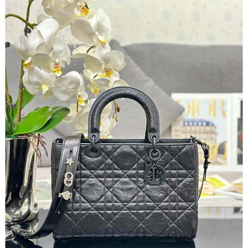 Dior Women CD Medium Lady D-Sire My ABCDior Bag Black Macrocannage Crinkled Calfskin