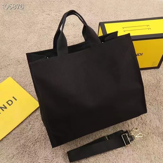 Fendi Women FF Small Shopping Bag Fendace Embroidered Black Canvas Logo Shopper