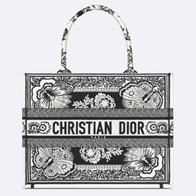 Dior Women CD Medium Dior Book Tote Black White Butterfly Bandana Embroidery