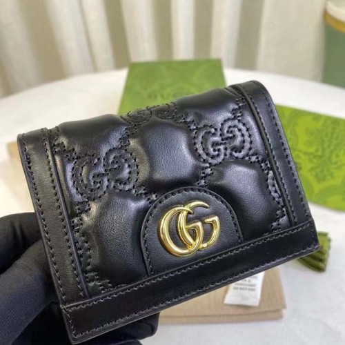 Gucci Unisex GG Marmont Card Case Wallet Black GG Matelassé Leather Double G
