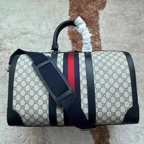 Gucci Unisex Savoy Small Duffle Bag Beige Blue GG Supreme Canvas Blue Leather