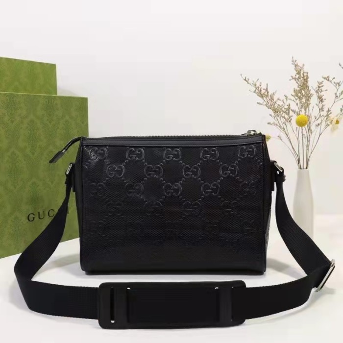 Gucci Unisex GG Embossed Messenger Bag Black GG Embossed Leather