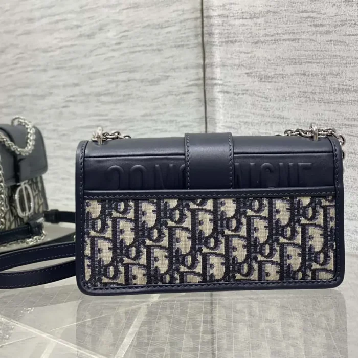 Dior Women 30 Montaigne East-West Bag with Chain Blue Dior Oblique Jacquard and Smooth Calfskin