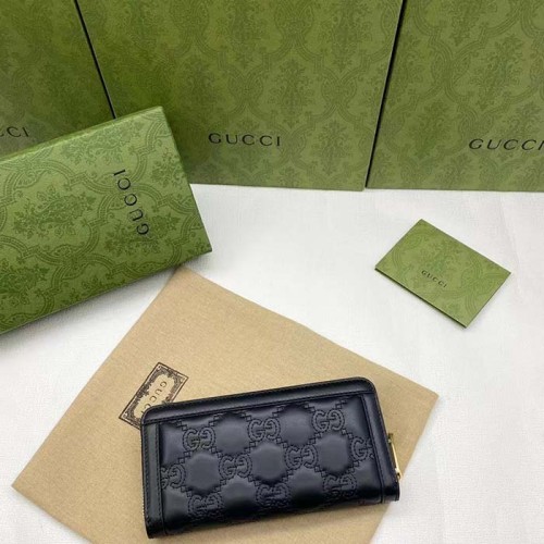 Gucci Unisex GG Marmont Zip Around Wallet Black Matelassé Leather Double G