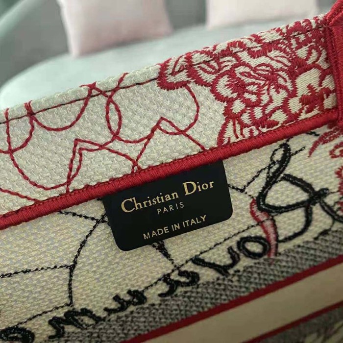 Dior Women Small Dior Book Tote Red and White D-Royaume D Amour Embroidery