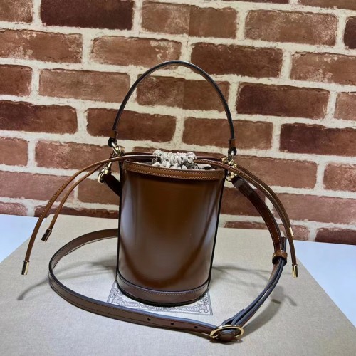 Gucci Women GG Ophidia Mini Bucket Bag Brown Leather Double G Drawstring Closure