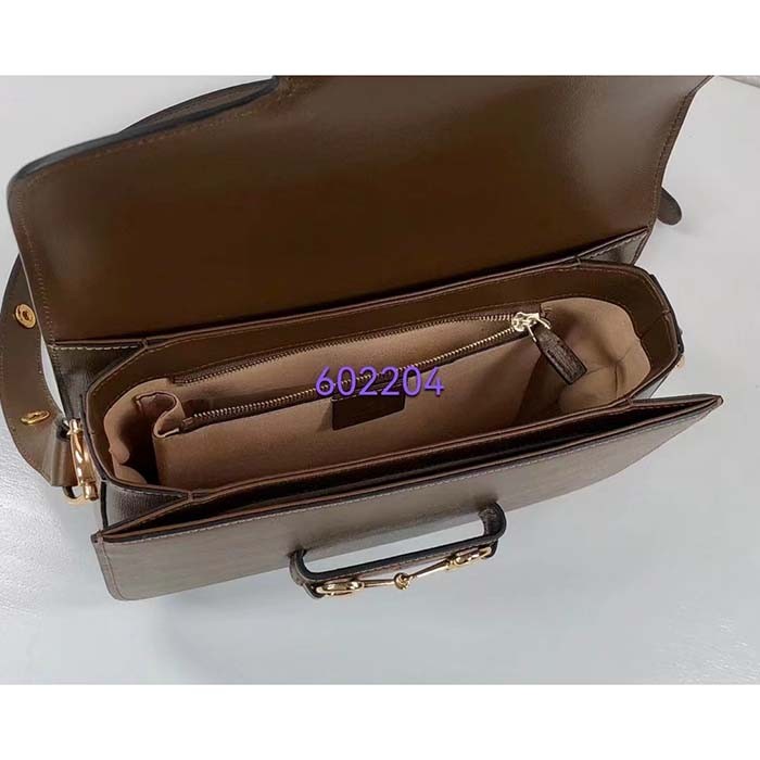 Gucci Women Horsebit 1955 Shoulder Bag Brown Textured Leather Vintage Effect Flap Closure