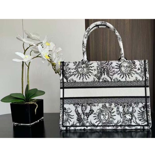 Dior Unisex Large Dior Book Tote White Black Toile De Jouy Soleil Embroidery