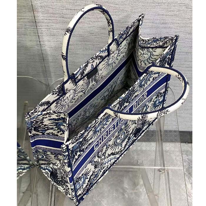 Dior Unisex Medium Book Tote White Navy Blue Toile De Jouy Soleil Embroidery