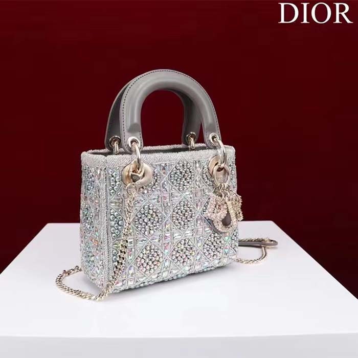 Dior Women Small Lady Dior Bag Gray Smooth Calfskin Satin Bead Embroidery