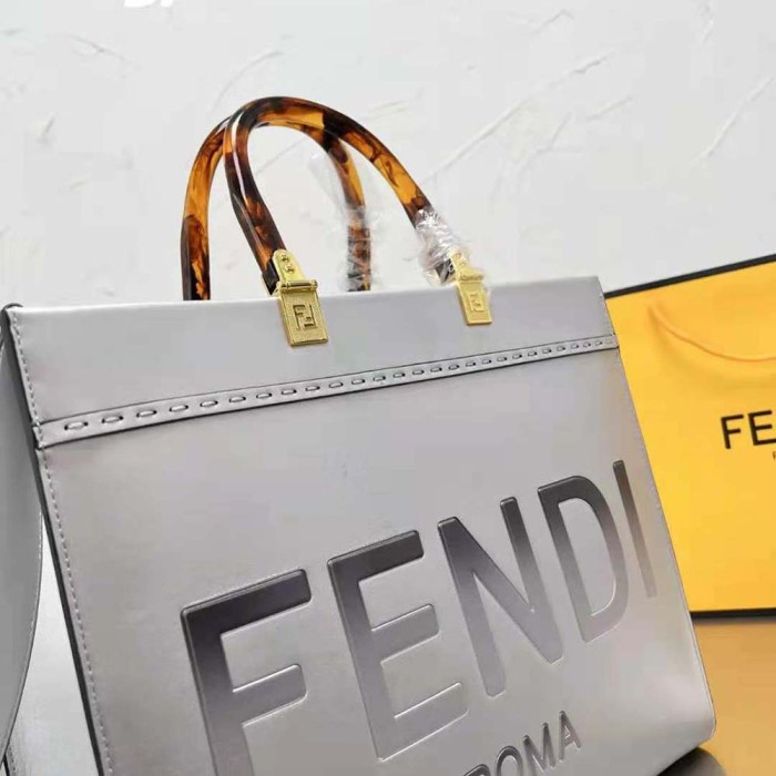 Fendi Women Fendi Sunshine Medium Silver Laminated Leather Shopper