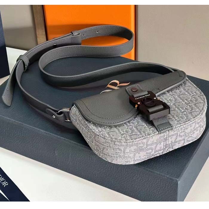 Dior Unisex CD Saddle Pouch Strap Black Grey Oblique Jacquard Grained Calfskin