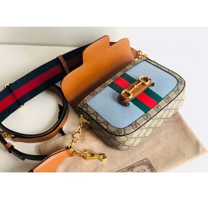 Gucci Women GG Horsebit 1955 Mini Bag Blue Leather Beige Ebony Supreme Canvas