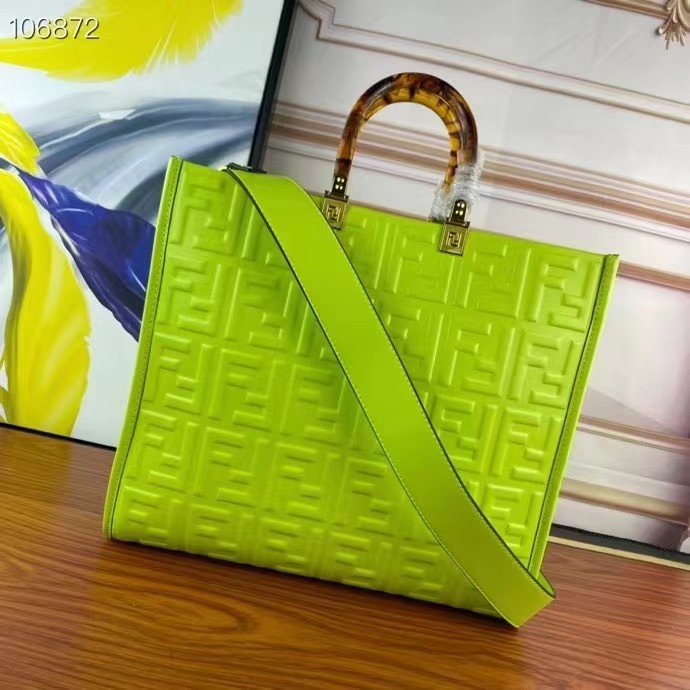 Fendi Women FF Sunshine Medium Acid Green Leather Shopper