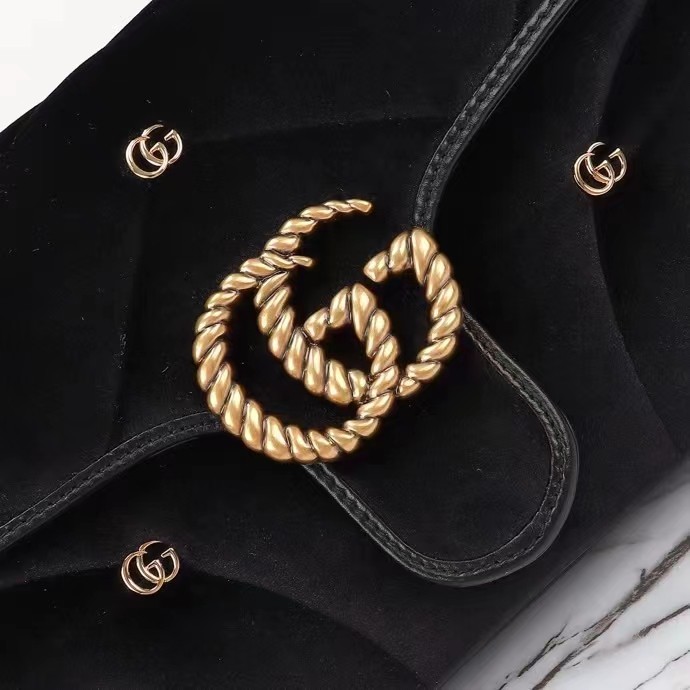 Gucci Women GG Marmont Small Shoulder Bag Black Quilted Chevron Velvet Leather Double G
