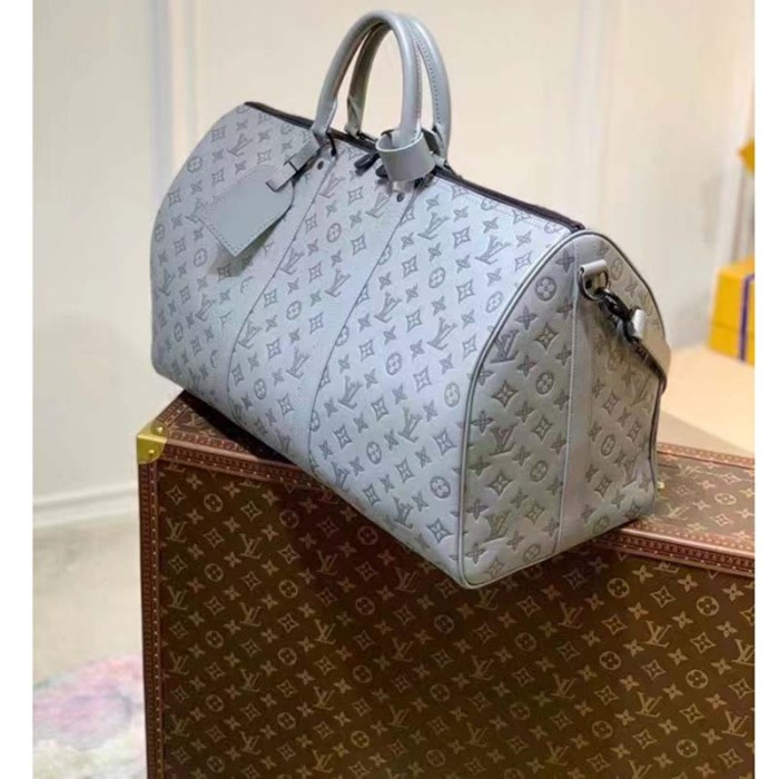 Louis Vuitton LV Unisex Keepall 50B Anthracite Gray Monogram Shadow Calf Leather