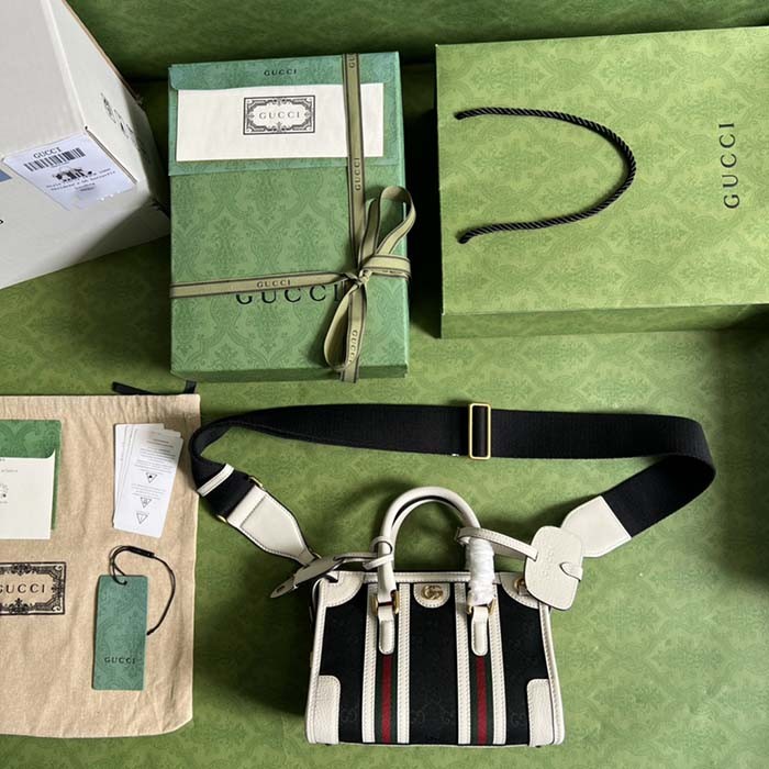 Gucci Unisex GG Mini Canvas Top Handle Bag Double G White Black Original GG Canvas