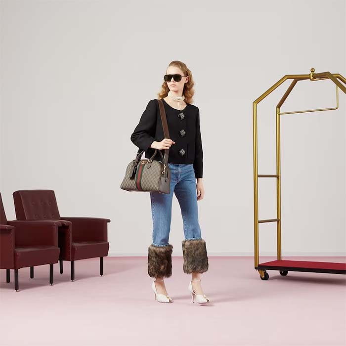 Gucci GG Unisex Savoy Medium Bowling Bag Beige Ebony GG Supreme Canvas Double G