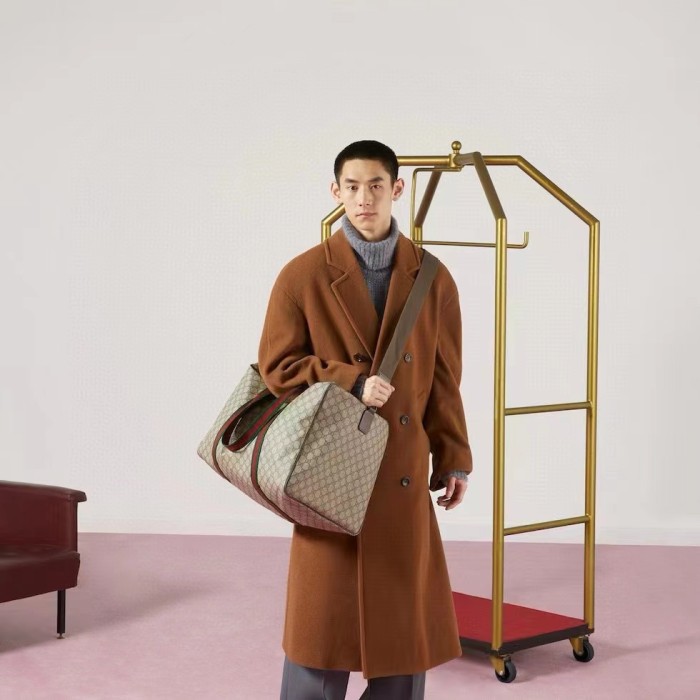 Gucci Unisex Maxi Duffle Bag Web Beige Ebony Soft GG Supreme Zip Closure