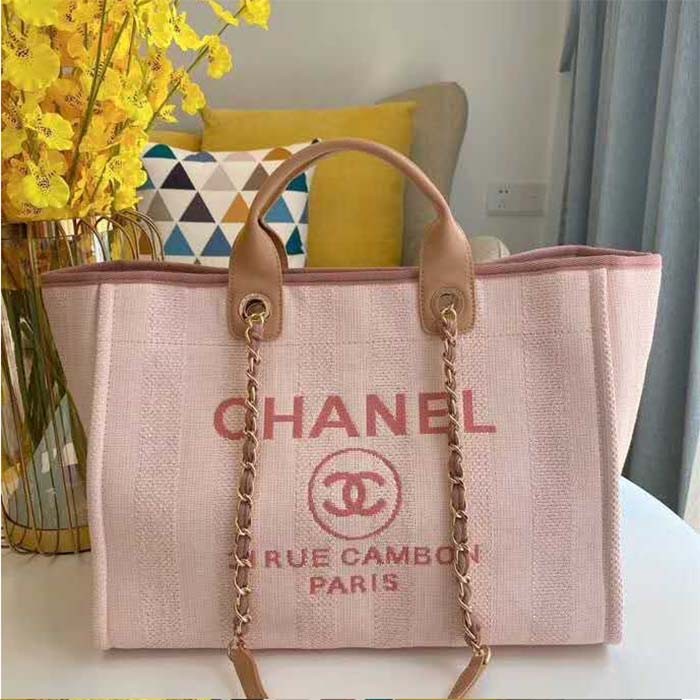 Chanel Women Deanville Shopping Bag Canvas Leather Mixed Fibers Pink
