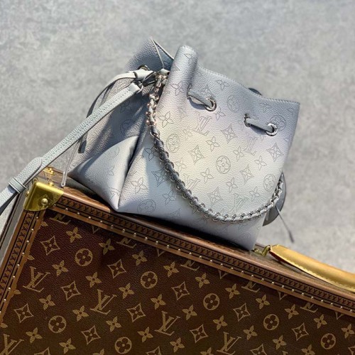 Louis Vuitton LV Women Bella Bucket Bag Olympe Blue Perforated Mahina Calf Leather
