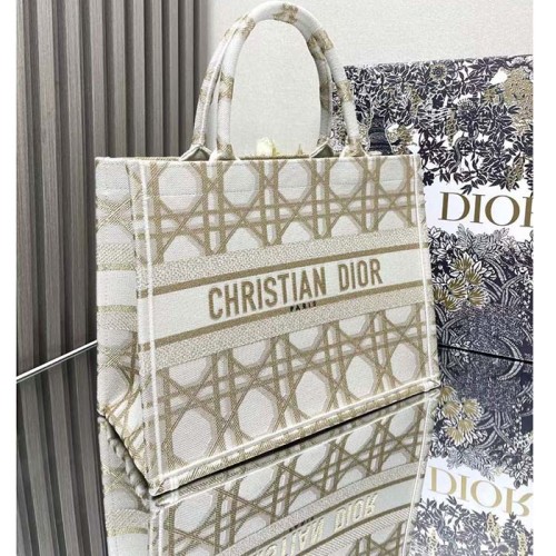 Dior Women CD Medium Dior Book Tote White Gold Macrocannage Embroidery