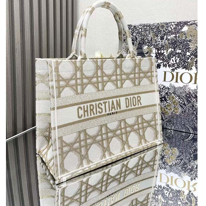 Dior Women CD Medium Dior Book Tote White Gold Macrocannage Embroidery