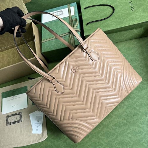 Gucci Women GG Marmont Large Tote Bag Rose Beige Matelassé Chevron Leather