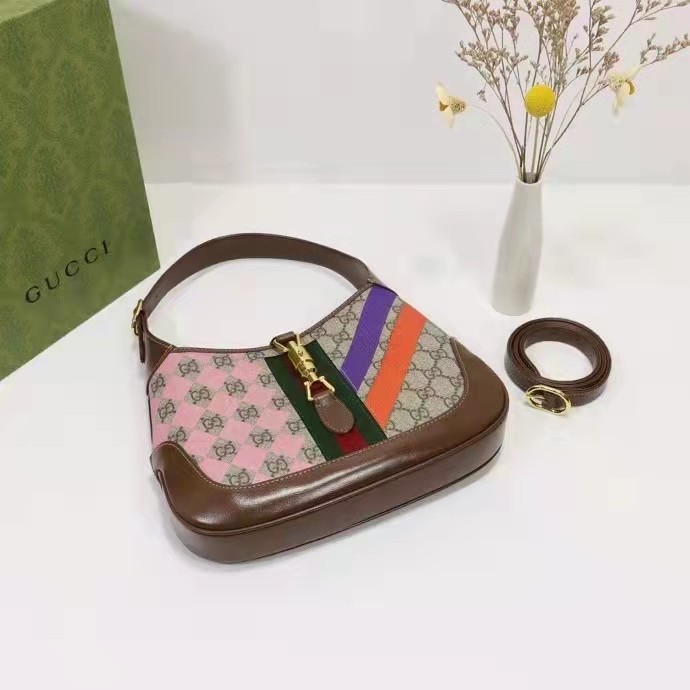 Gucci Women Jackie 1961 Small Shoulder Bag Beige Ebony GG Supreme Canvas