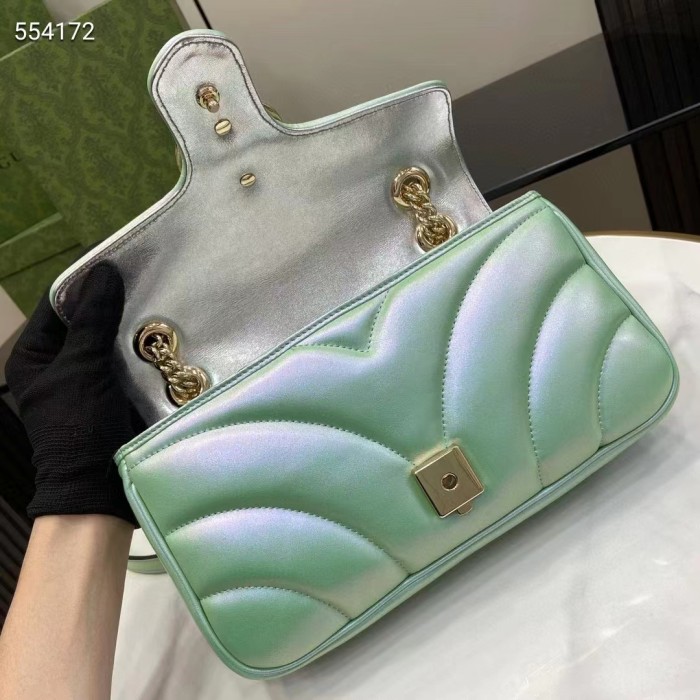 Gucci Women GG Marmont Small Shoulder Bag Green Iridescent Quilted Chevron Leather