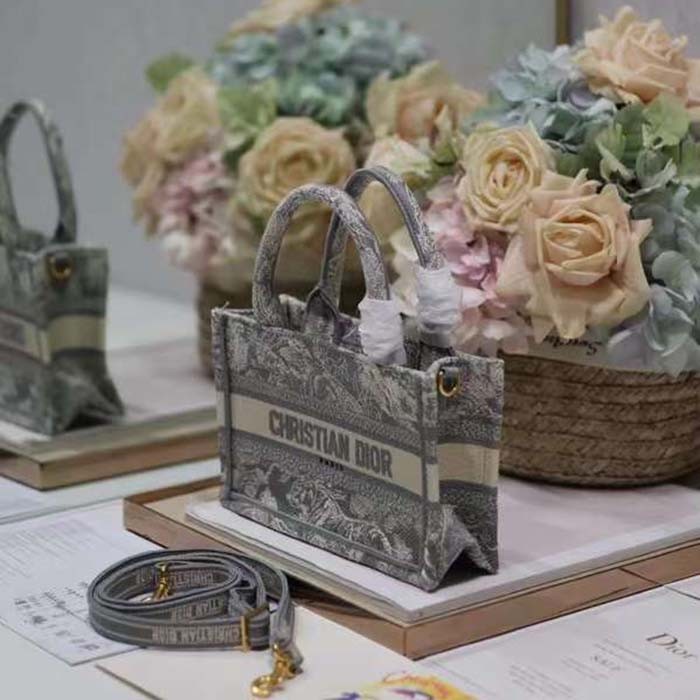 Dior Women Mini Dior Book Tote Strap Gray Toile De Jouy Reverse Embroidery