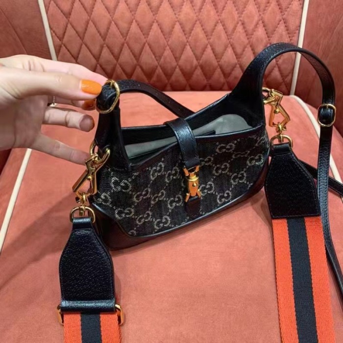 Gucci Women Jackie 1961 Mini Shoulder Bag Black Ivory GG Denim Jacquard