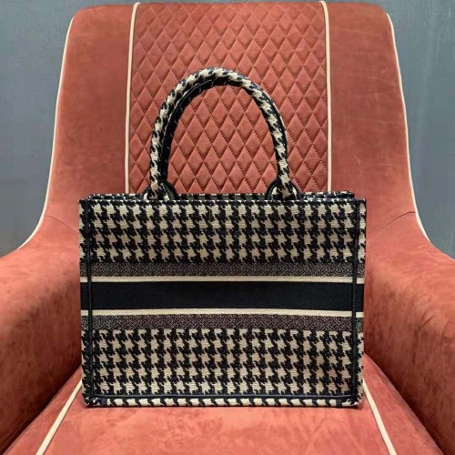 Dior Women Small Dior Book Tote Black Houndstooth Embroidery